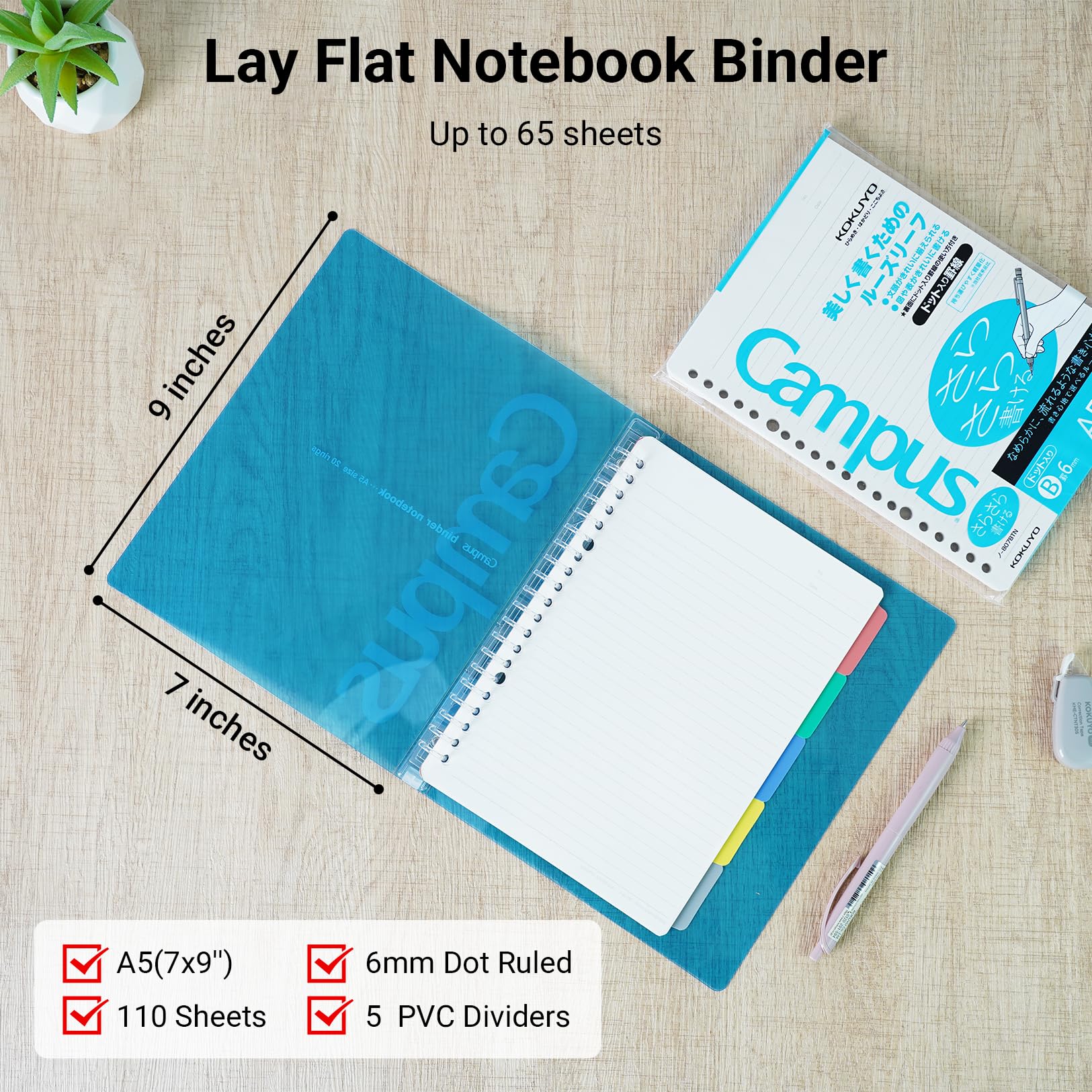KOKUYO 5 Subject Spiral Notebook, Campus A5 Refillable Journal with 5 Tab Dividers, Up to 65 Sheet Capacity, 100 Sheets in 6mm Dotted Ruled Loose Leaf Paper, Transparent, Japan Import
