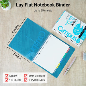 KOKUYO 5 Subject Spiral Notebook, Campus A5 Refillable Journal with 5 Tab Dividers, Up to 65 Sheet Capacity, 100 Sheets in 6mm Dotted Ruled Loose Leaf Paper, Transparent, Japan Import