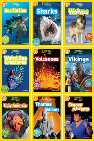 National Geographic Kids Readers Level 2 Book Set (9 Books) – Sea Turtles, Sharks, Stacey Abrams, Thomas Edison, Ugly Animals, Vikings, Volcanoes, ... Creatures, Wolves – Nonfiction Books for Kids