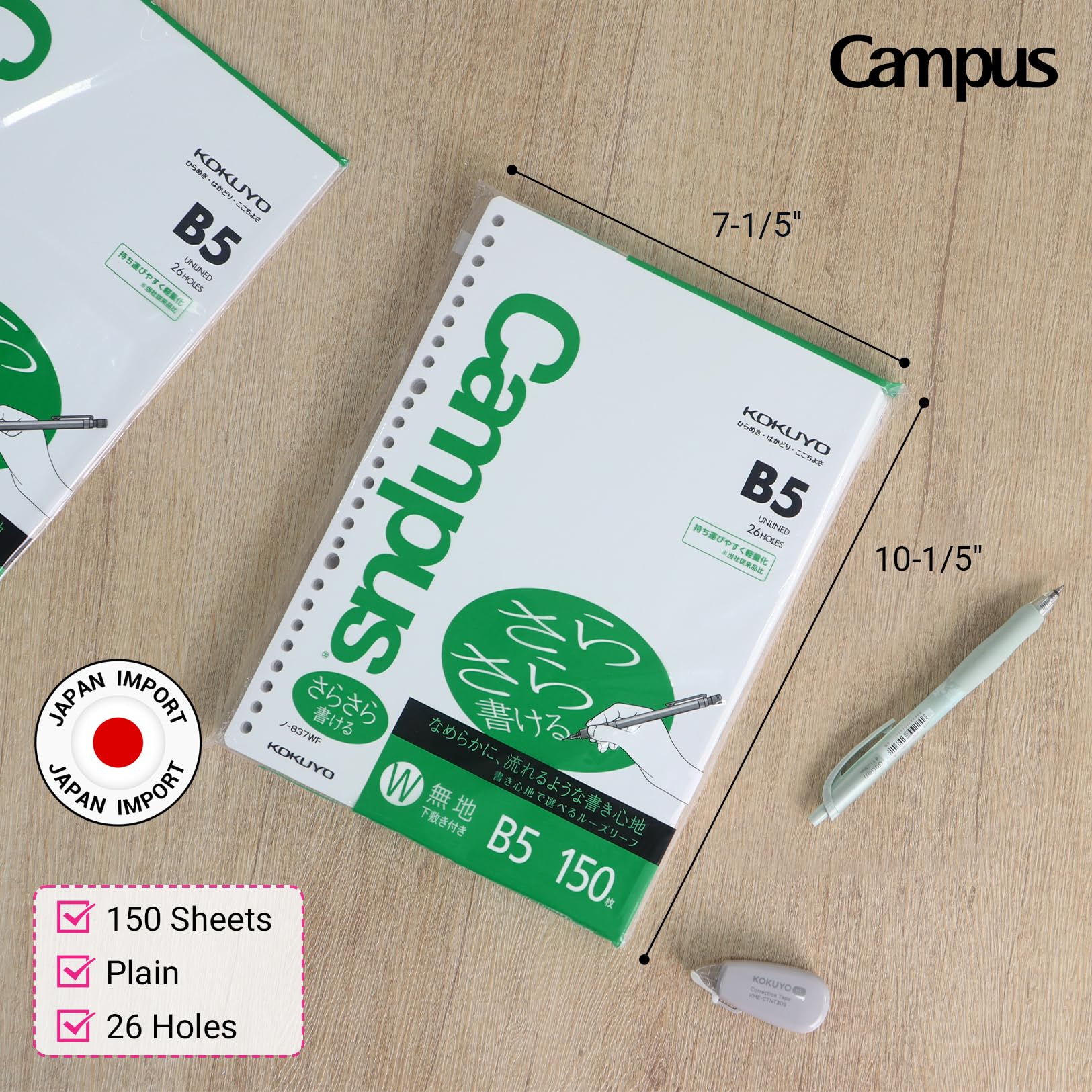 Kokuyo Campus Loose Leaf Paper, B5 Plain Filler Paper, 150 Sheets 75 GSM Sarasara Smooth Writing, 26 Holes, 10-1/4"x7-1/4” Binder Notebook Bleed Resistant Paper. Japan Import (NO-837WF)