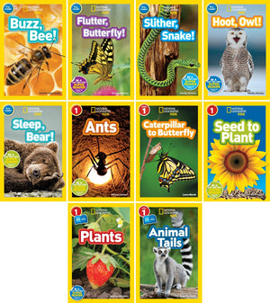 National Geographic Kids 10 Book Set - Pre-Reader & Level 1 : Buzz Bee, Flutter Butterfly, Slither Snake, Hoot Owl, Sleep Bear, Ants, Caterpillar to Butterfly, Seed to Plant, Plants, Animal Tails