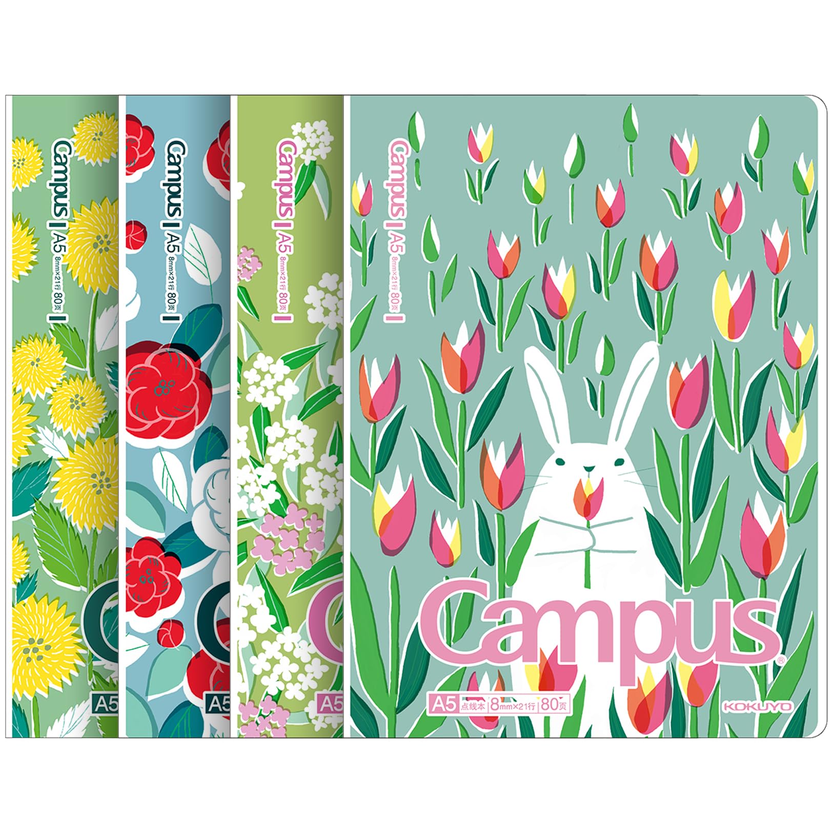 KOKUYO Composition Notebooks, 4 Pack Campus A5 Lined Notebooks with 8mm Dot Ruled, 80 Sheets with PVC Pocket Cover, School Comp Book in Animals, Journal Notebook for Women Work Study Note Taking
