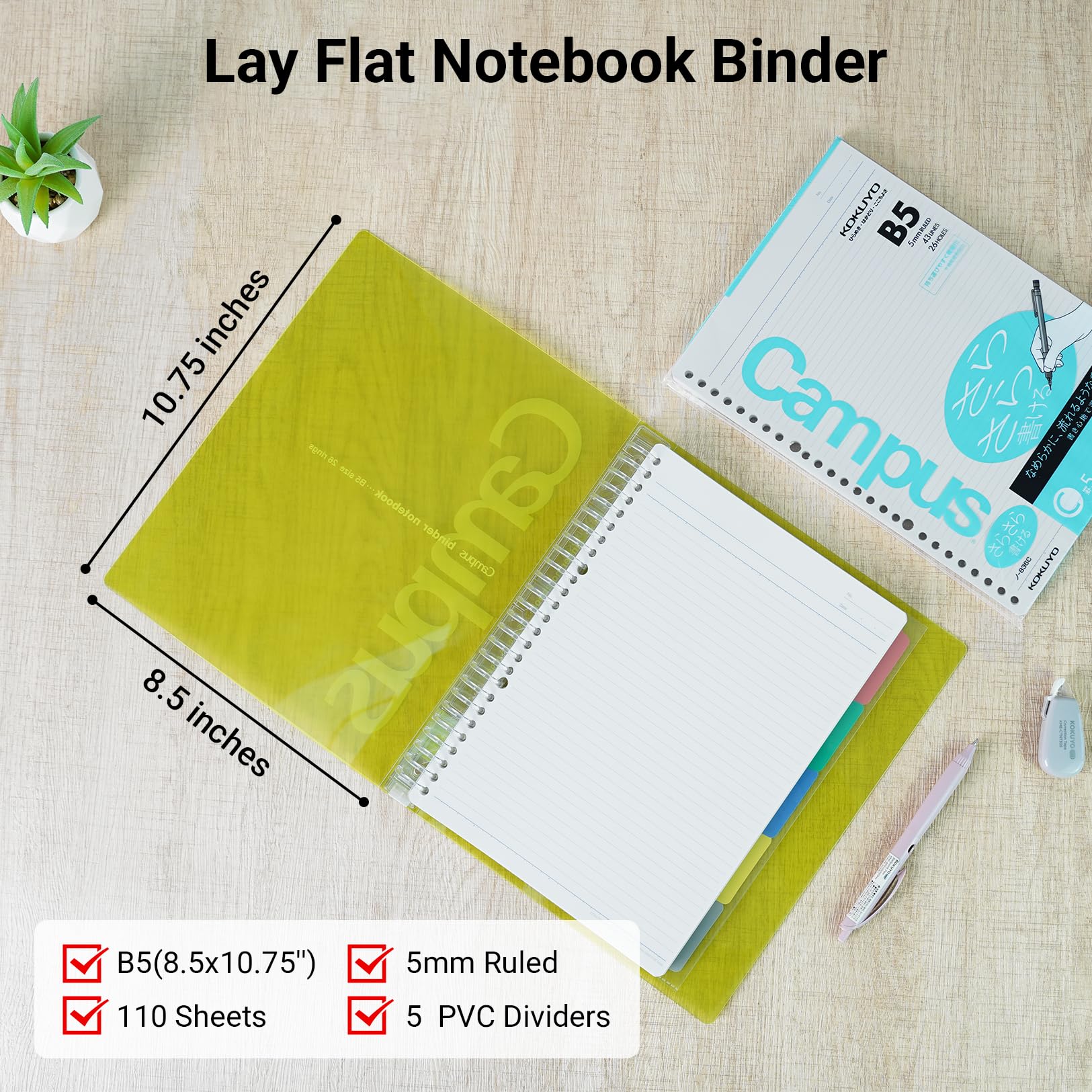 KOKUYO 5 Subject Spiral Notebook, Campus B5 Refillable Journal with 5 Tab Dividers, 100 Sheets in 6mm Dotted Ruled Loose Leaf Paper, Transparent, Japan Import (RU-P333NT & NO-S836BT)
