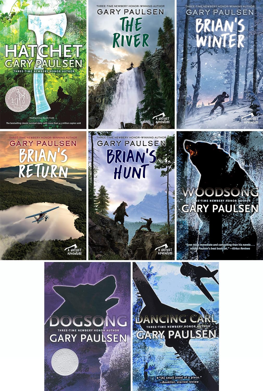 8 Books Collection Set by Gary Paulsen, Hatchet, The River, Brian's Winter, Brian's Return, Brian's Hunt, Woodsong, Dogsong, Dancing Carl