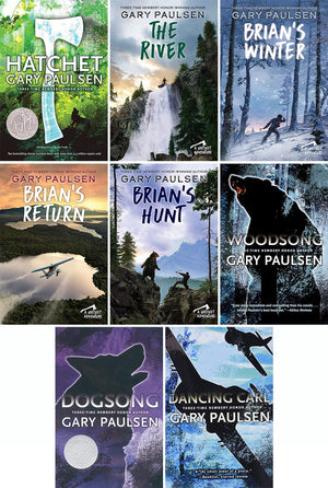 8 Books Collection Set by Gary Paulsen, Hatchet, The River, Brian's Winter, Brian's Return, Brian's Hunt, Woodsong, Dogsong, Dancing Carl