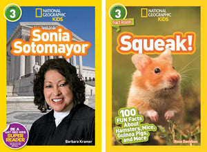 National Geographic Kids Readers Level 3 Book Set (10 Books) – Queen Elizabeth II, Ruth Bader Ginsburg, Sacagawea, September 11, Sonia Sotomayor, Roar!, Sharks!, Squeak!, Titanic, Statue of Liberty