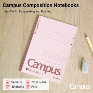 Kokuyo Campus Composition Notebook, 7 x 10 inch Lined Notebooks with 40 Sheets College Ruled Paper, 5 Pack B5 Pink Notebook for School and Work, School Supplies Comp Book for Journal Diary, Japan Import