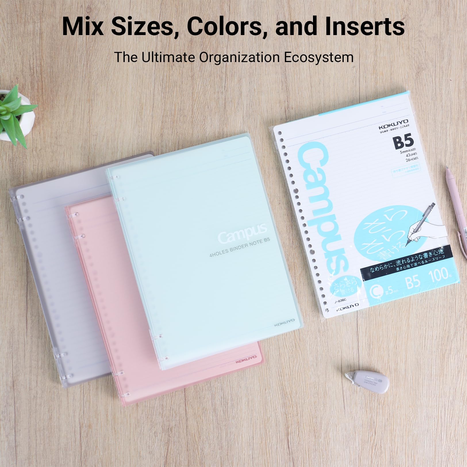 KOKUYO Campus 2x2 Spiral Binder Notebook 3 Pack, B5 Refillable Binders + 100 Refill Papers with 5mm Ruled, 40 Sheet Capacity, Pastel Notebook for School, Work, Note Taking