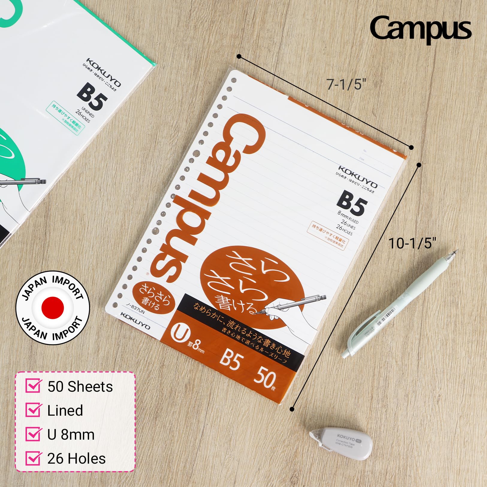 Kokuyo Campus Loose Leaf Paper, B5 Filler Paper with U 8mm Ruled, 50 Sheets 75 GSM Sarasara Smooth Writing, 26 Holes, 10-1/4"x7-1/4” Binder Notebook Bleed Resistant Paper. Japan Import (NO-837UN)