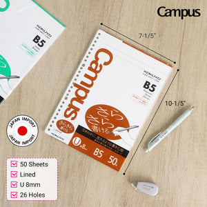 Kokuyo Campus Loose Leaf Paper, B5 Filler Paper with U 8mm Ruled, 50 Sheets 75 GSM Sarasara Smooth Writing, 26 Holes, 10-1/4"x7-1/4” Binder Notebook Bleed Resistant Paper. Japan Import (NO-837UN)