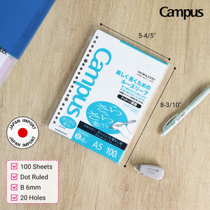 Kokuyo Campus Loose Leaf Paper, A5 Filler Paper with B 6mm Dot Ruled, 100 Sheets 75 GSM Sarasara Smooth Writing, 20 Holes, 8-1/4"x6” Binder Notebook Bleed Resistant Paper. Japan Import (NO-807BTN)