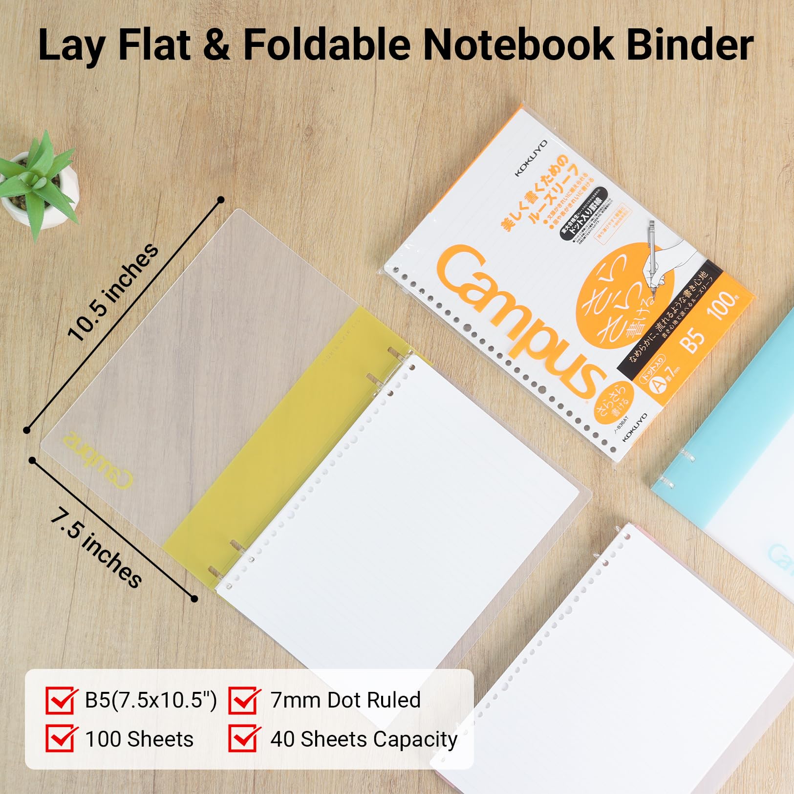 KOKUYO 2x2 Spiral Binder Notebooks, 3 Pack B5 Refillable Notebook with Loose leaf Paper + 100 Refill Papers with 7mm Dot Ruled, 40 Sheets Capacity, Light Color Notebooks for School, Work, Note Taking