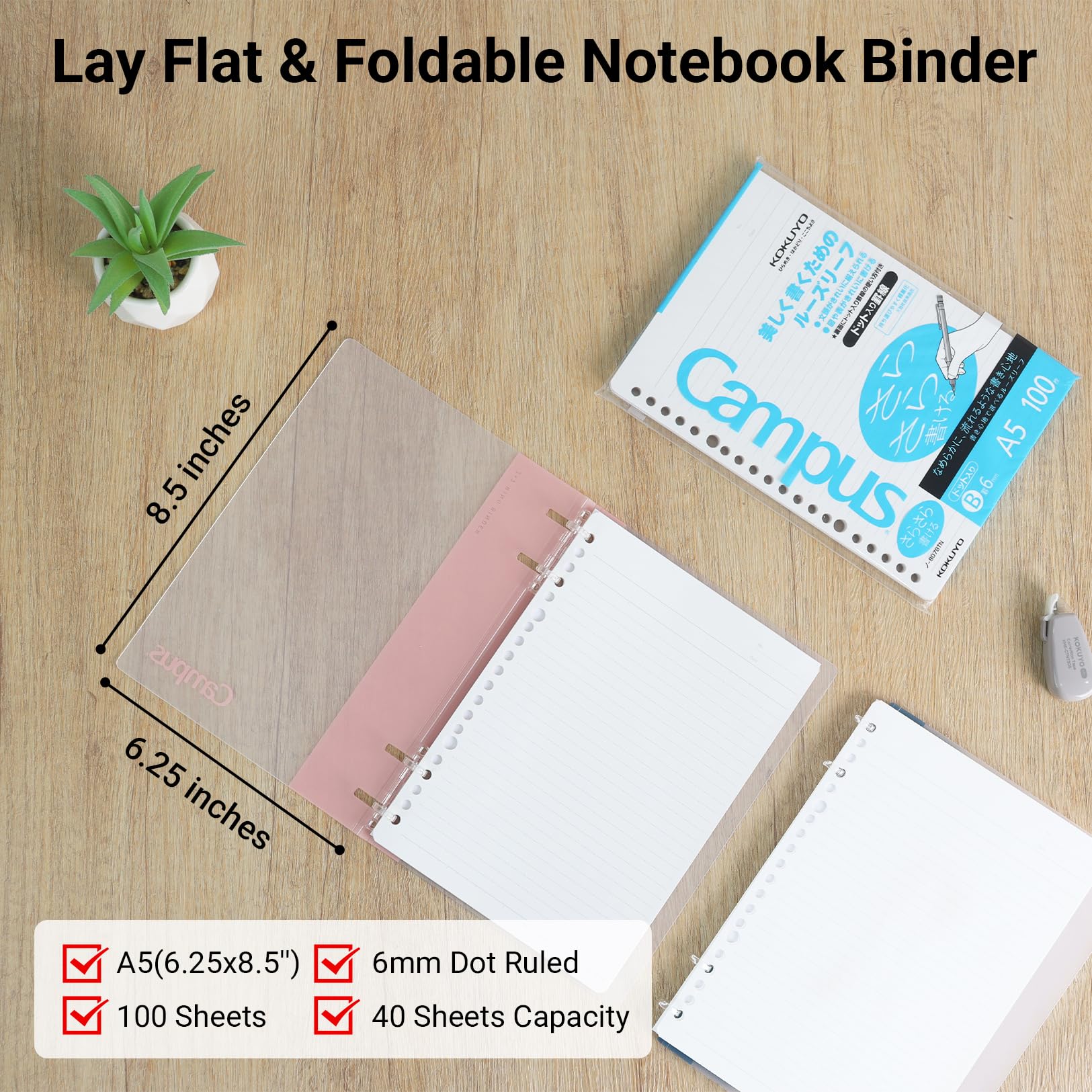 KOKUYO Campus 2x2 Spiral Binder Notebook Set, A5 Refillable Notebook + 100 Refill Papers with 6mm Dot Ruled, 40 Sheet Capacity, Pink, Perfect for Work, Study & Journal, Japan Import