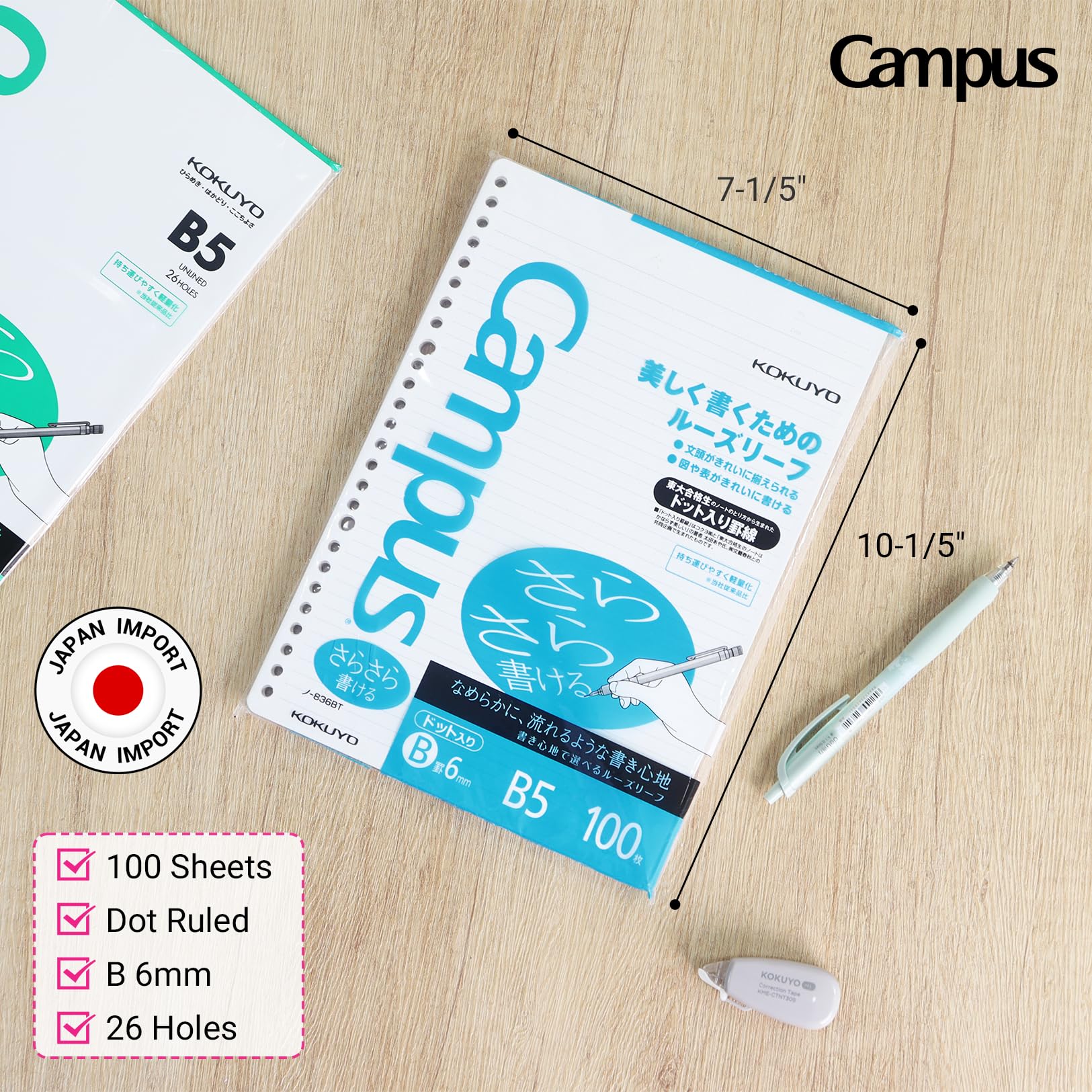 Kokuyo Campus Loose Leaf Paper for Binders, Sarasara Smooth Writing, B5, B 6mm Dotted Ruled, 26 Holes, 36 Lines, 100 Sheets, pH Neutral, Bleed Resistant, 75gsm, Pack of 2, Japan Import (NO-836BT)