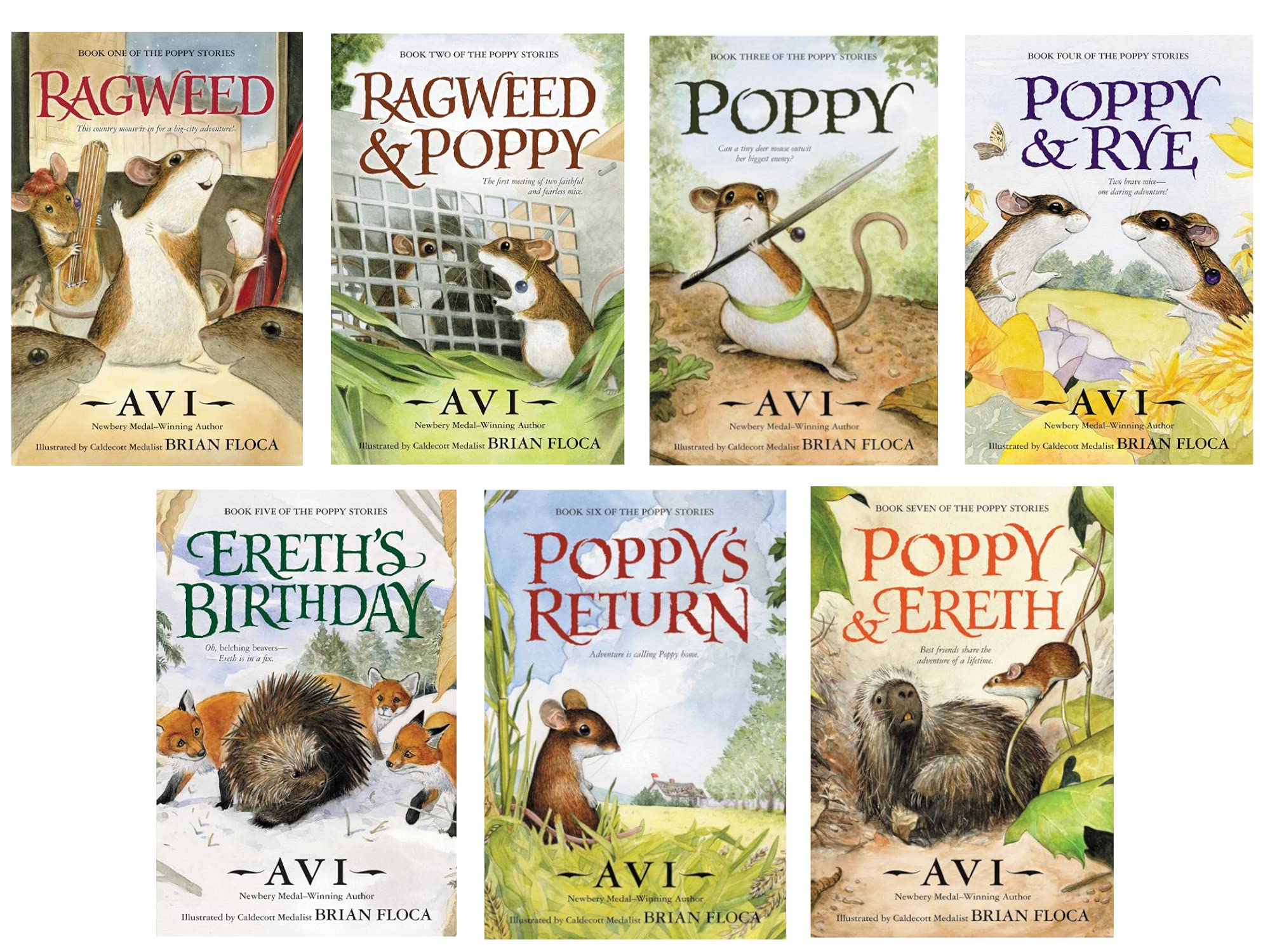 Poppy Tales from Dimwood Volumes 1-7 Book Set by Avi: Ragweed, Ragweed & Poppy, Poppy, Poppy & Rye, Ereth’s Birthday, Poppy’s Return, and Poppy & Ereth
