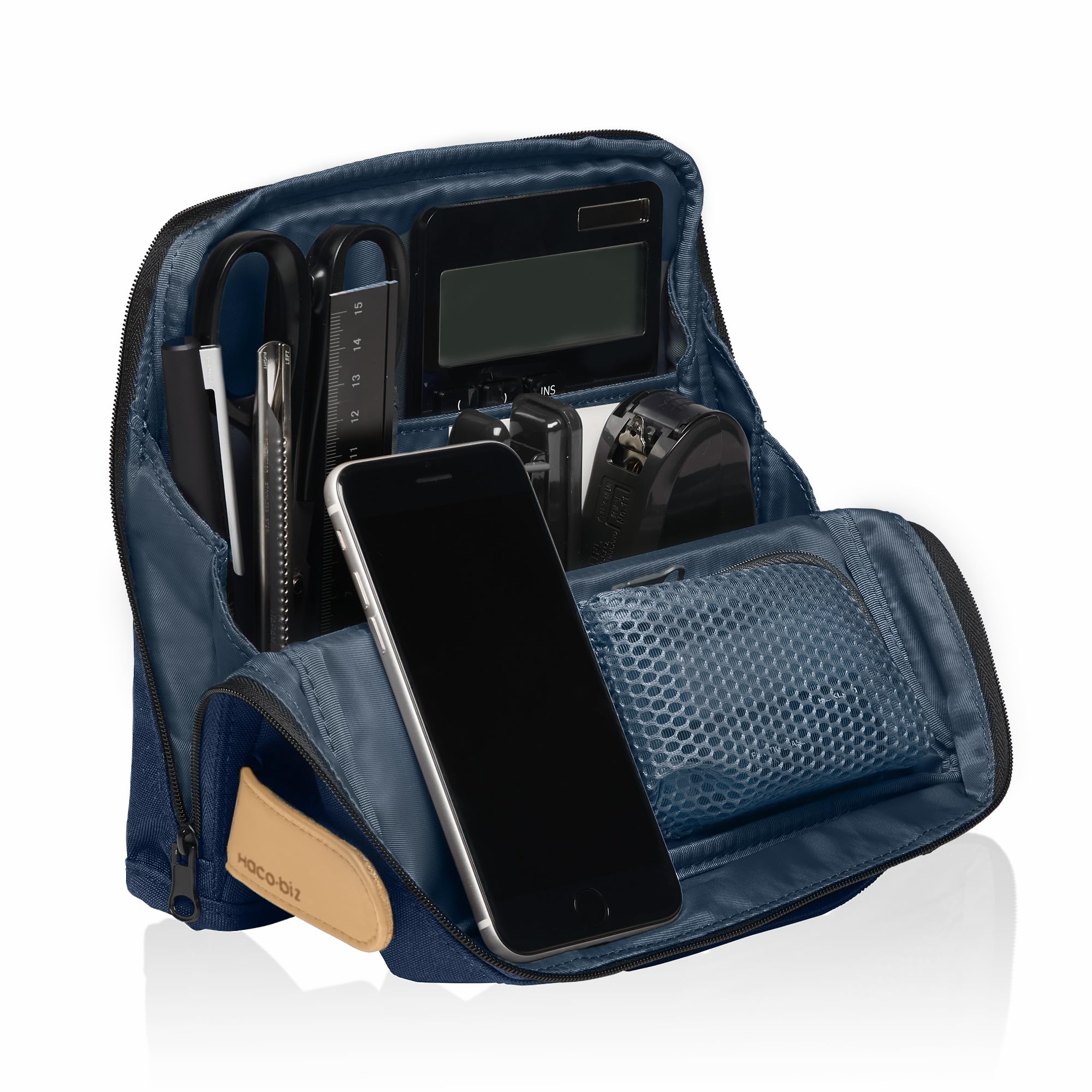 KOKUYO Pencil Case Pouch, Haco-Biz Standing Pen Pouch Bag, Foldable Stand up Pencil Holder Organizer, Large Capacity Portable Pencil Box for School Office Supplies, Indigo Blue