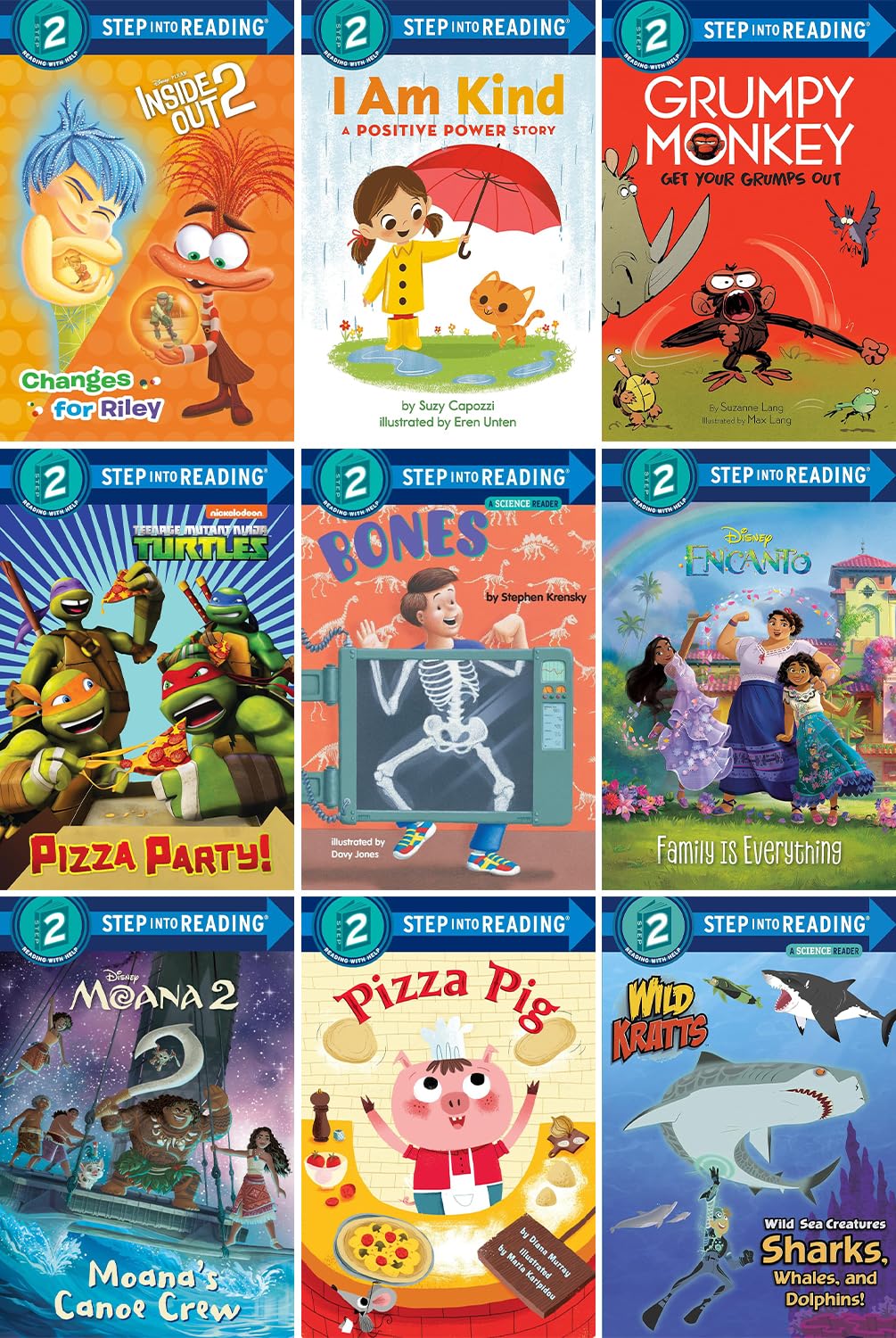 The Step into Reading level 2 Early Reader 9-Book Set – Changes for Riley, I Am Kind, Grumpy Monkey Get Your Grumps Out, Pizza Party! , Bones, Family Is Everything, Moana's Canoe Crew, Pizza Pig, Wild Sea Creatures