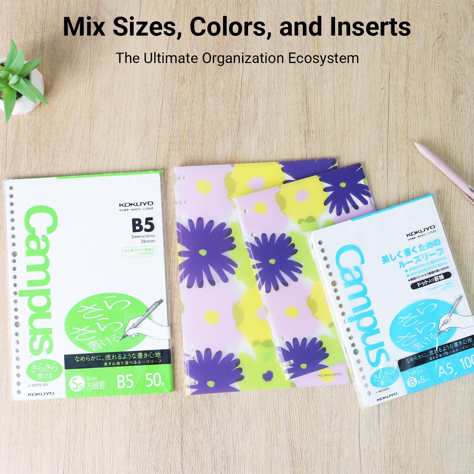 KOKUYO SOU SOU 2x2 Spiral Binder Notebook, B5 Refillable Binders with 50 Sheets 5x5 Graph Loose leaf Paper. Pre-Packed 10 Sheets in 8mm Ruled, Notebooks for School & Work
