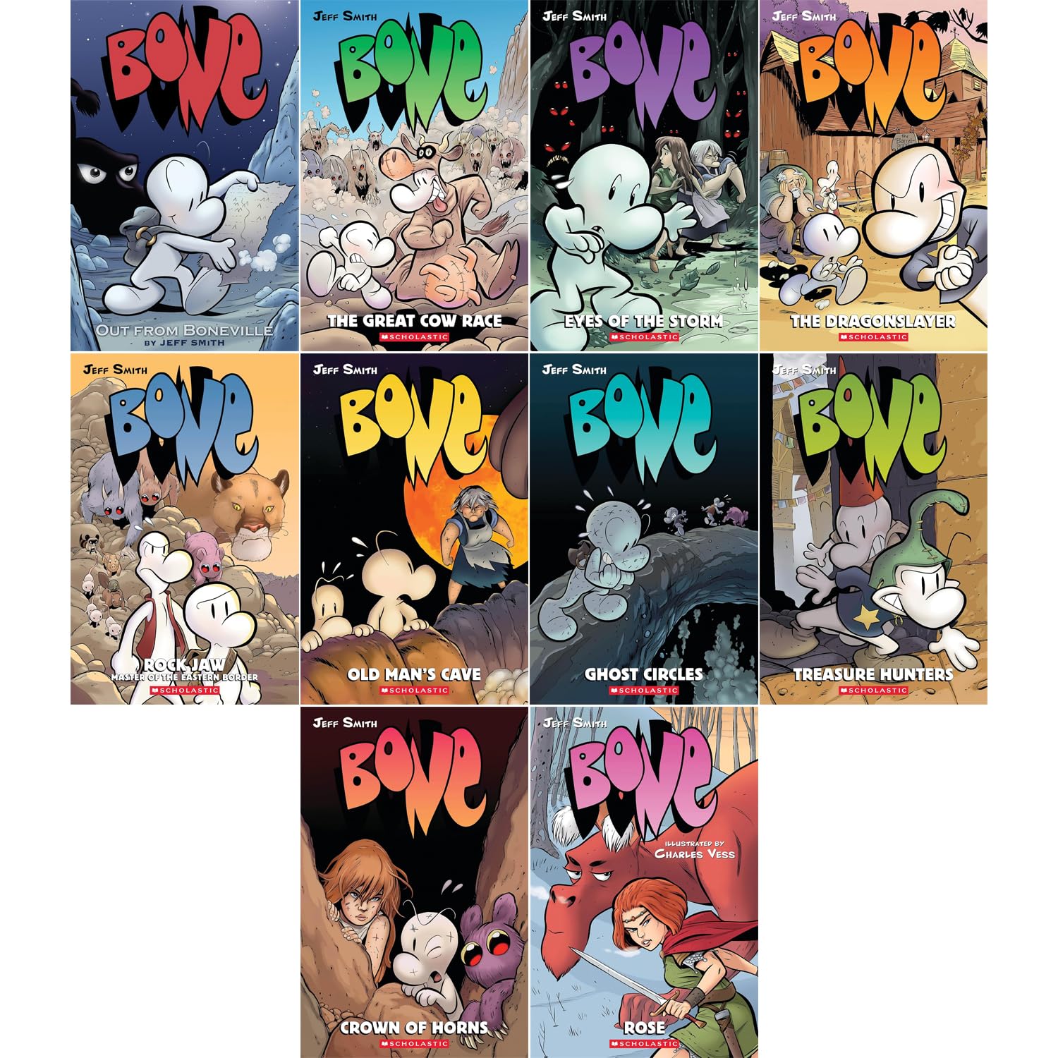 Bone 10-Book Collection Set, Vol.1–9 & Rose (Out From Boneville, The Great Cow Race, Eyes of the Storm, The Dragonslayer, Rock Jaw, Old Man’s Cave, ... Treasure Hunters, Crown of Horns, Rose)
