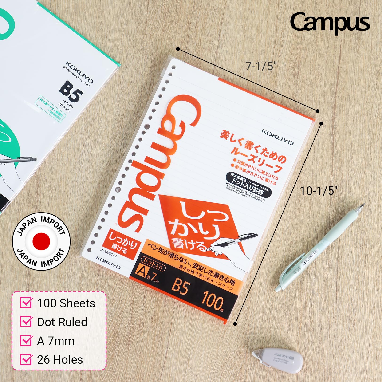 Kokuyo Campus Loose Leaf Paper for Binders, Shikkari Firm Writing, B5, A 7mm Dotted Ruled, 26 Holes, 31 Lines, 100 Sheets, pH Neutral, Bleed Resistant, 77gsm, Pack of 5, Japan Import (NO-S836AT)
