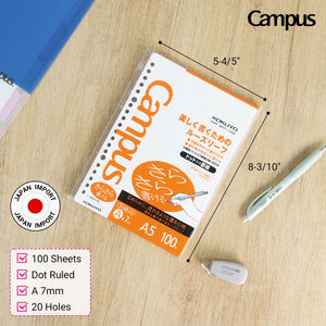 Kokuyo Campus Loose Leaf Paper, A4 Filler Paper with A 7mm Dot Ruled, 50 Sheets 75 GSM Sarasara Smooth Writing, 30 Holes, 11-3/4"x8-1/4” Binder Notebook Bleed Resistant Paper. Japan Import (NO-816ATN)