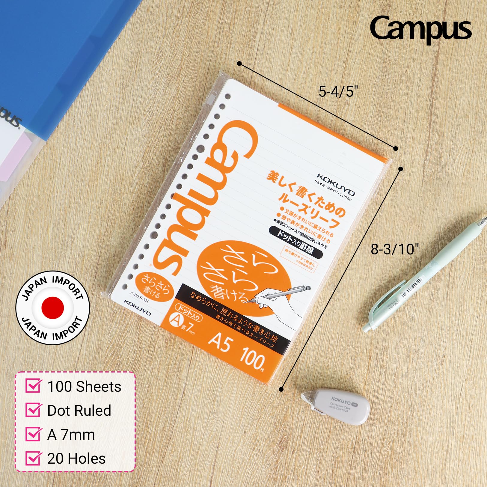Kokuyo Campus Loose Leaf Paper, A5 Filler Paper with A 7mm Dot Ruled, 100 Sheets 75 GSM Sarasara Smooth Writing, 20 Holes, 8-1/4"x6” Binder Notebook Bleed Resistant Paper. Japan Import (NO-807ATN)