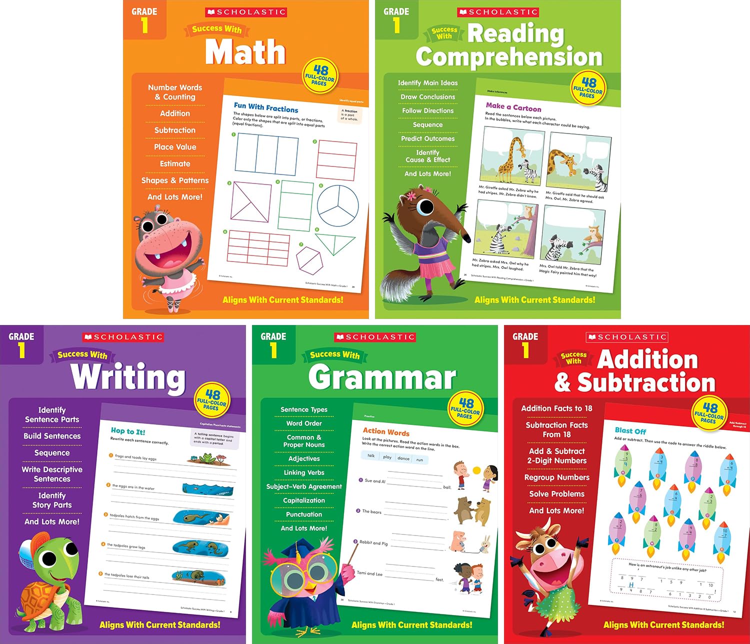 Scholastic Success with Math, Reading Comprehension, Writing, Grammar, Addition & Subtraction, Grade 1 Workbook, 5 Books Collection Set