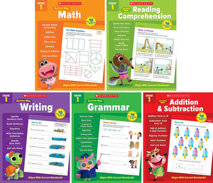 Scholastic Success with Math, Reading Comprehension, Writing, Grammar, Addition & Subtraction, Grade 1 Workbook, 5 Books Collection Set