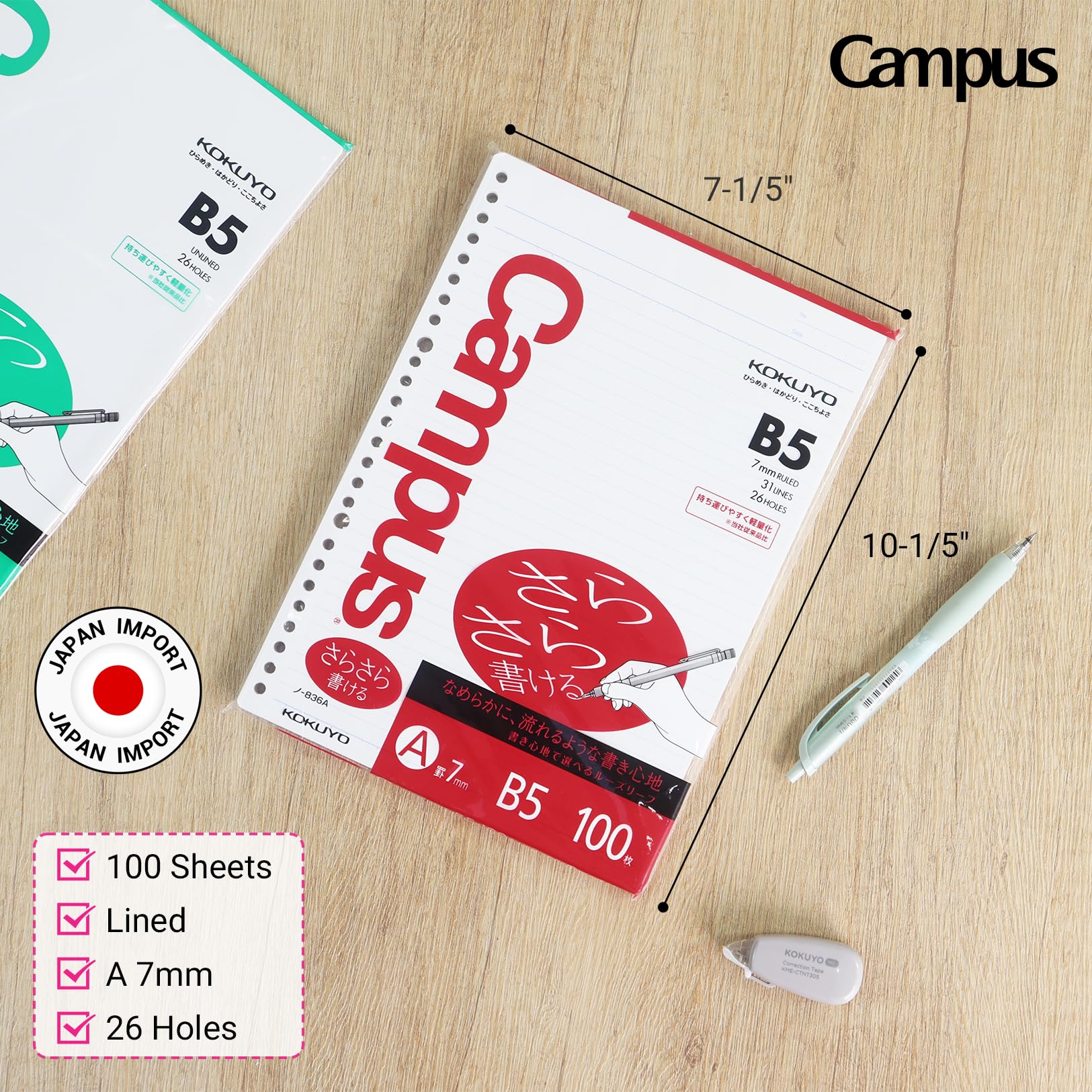 Kokuyo Campus Loose Leaf Paper, B5 Filler Paper with A 7mm Ruled, 100 Sheets 75 GSM Sarasara Smooth Writing, 26 Holes, 10-1/4"x7-1/4” Binder Notebook Bleed Resistant Paper. Japan Import (NO-836A)
