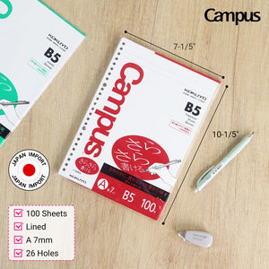 Kokuyo Campus Loose Leaf Paper, B5 Filler Paper with A 7mm Ruled, 100 Sheets 75 GSM Sarasara Smooth Writing, 26 Holes, 10-1/4"x7-1/4” Binder Notebook Bleed Resistant Paper. Japan Import (NO-836A)