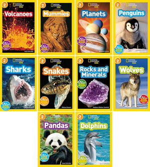 National Geographic Kids Readers Level 2 Series, Collection Set of 10 Books. Volcanoes, Mummies, Planets, Penguins, Sharks, Snakes, Rocks and Minerals, Wolves, Pandas, Dolphins