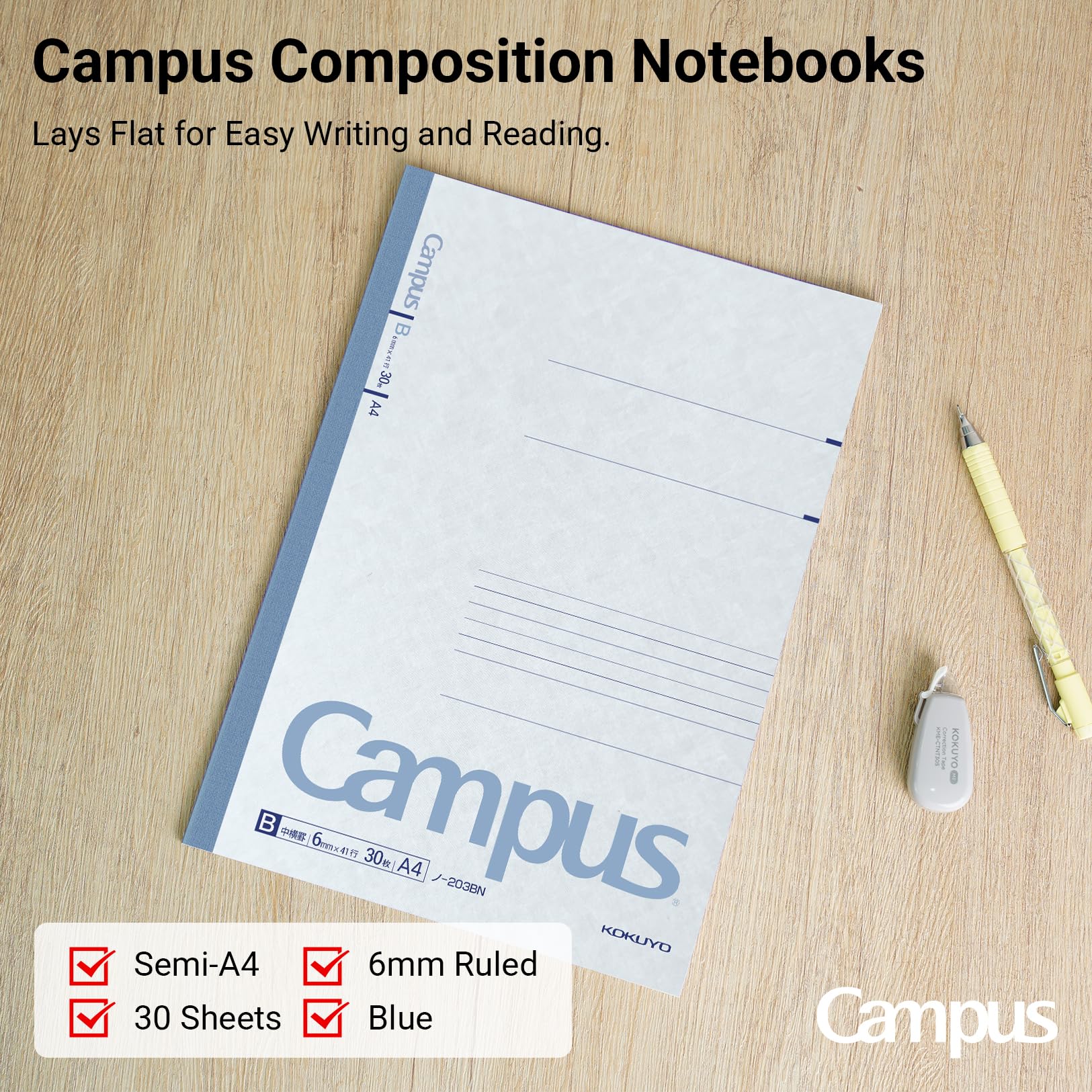 KOKUYO Campus Composition Notebook, Lined Notebooks with 30 Sheets 6mm Ruled Paper, 3 Pack A4 Notebook for School and Work, School Supplies Comp Book for Journal Diary, Japan Import