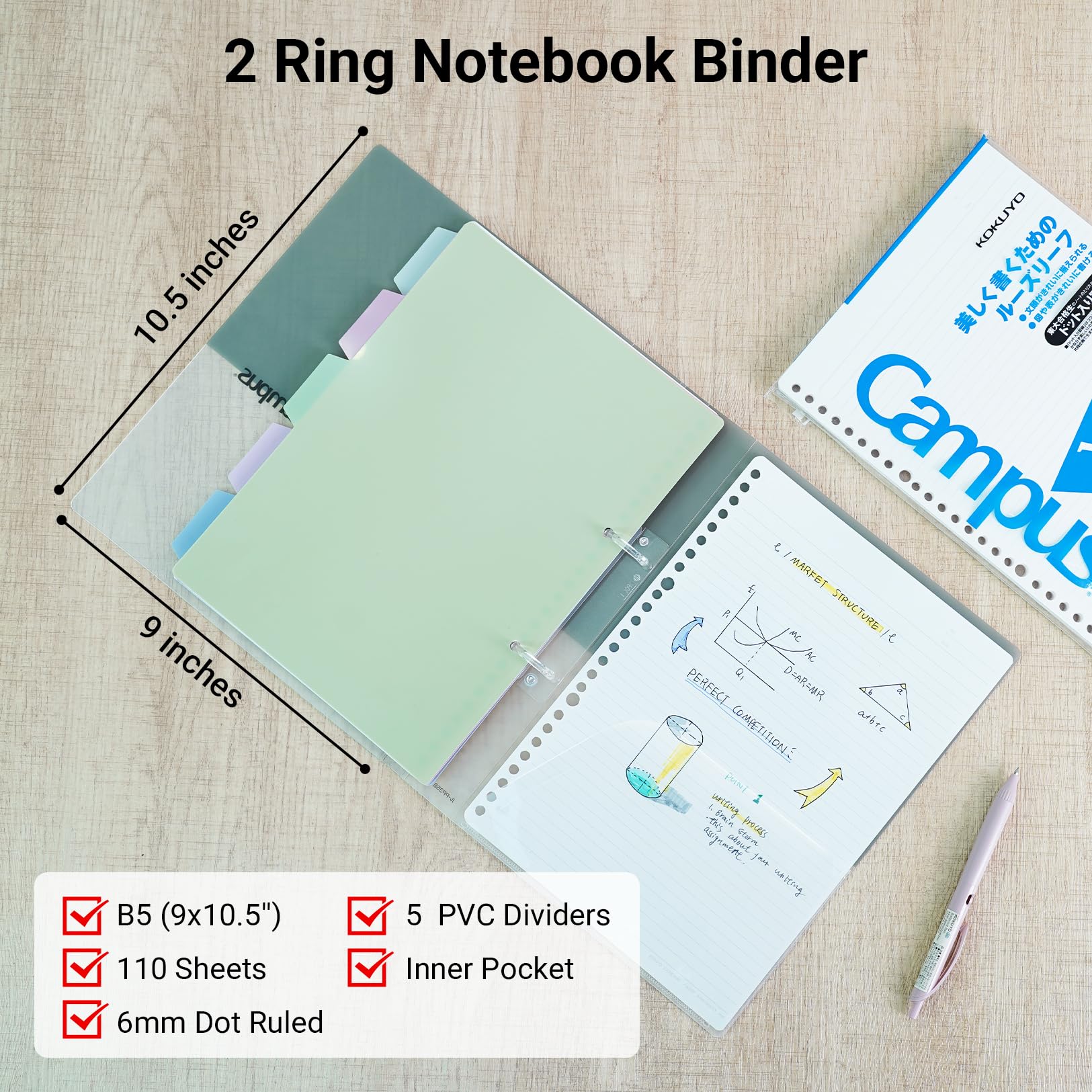 KOKUYO 5 Subject Spiral Notebook Journal, Campus 110 Sheets B5 Refillable Notebook with Dividers Tabs, 6mm Dot Lined Binder Notebook for Work School Note taking. 9" x 10.5", Pink, Japan Import