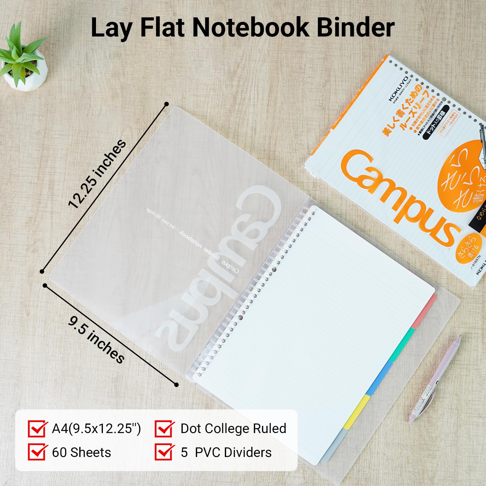 KOKUYO 5 Subject Spiral Notebook, Campus A4 Refillable Journal with 5 Tab Dividers, Up to 65 Sheet Capacity, 50 Sheets in 7mm Dotted Ruled Loose Leaf Paper, Clear, Japan Import