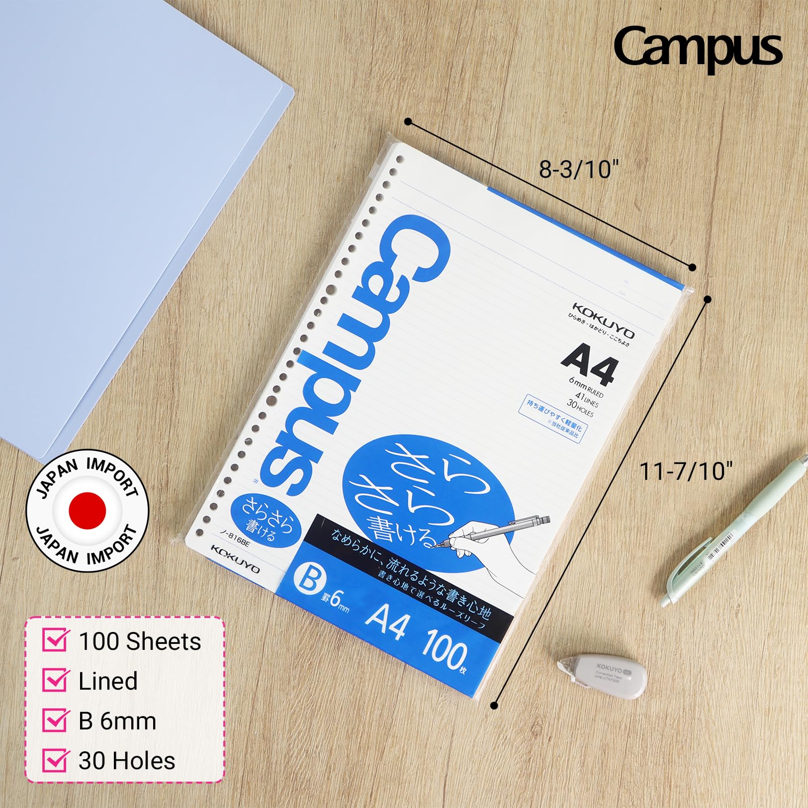 Kokuyo Campus Loose Leaf Paper, A4 Filler Paper with B 6mm Ruled, 100 Sheets 75 GSM Sarasara Smooth Writing, 30 Holes, 11-3/4"x8-1/4” Binder Notebook Bleed Resistant Paper. Japan Import (NO-816BE)