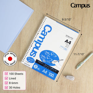 Kokuyo Campus Loose Leaf Paper, A4 Filler Paper with B 6mm Ruled, 100 Sheets 75 GSM Sarasara Smooth Writing, 30 Holes, 11-3/4"x8-1/4” Binder Notebook Bleed Resistant Paper. Japan Import (NO-816BE)