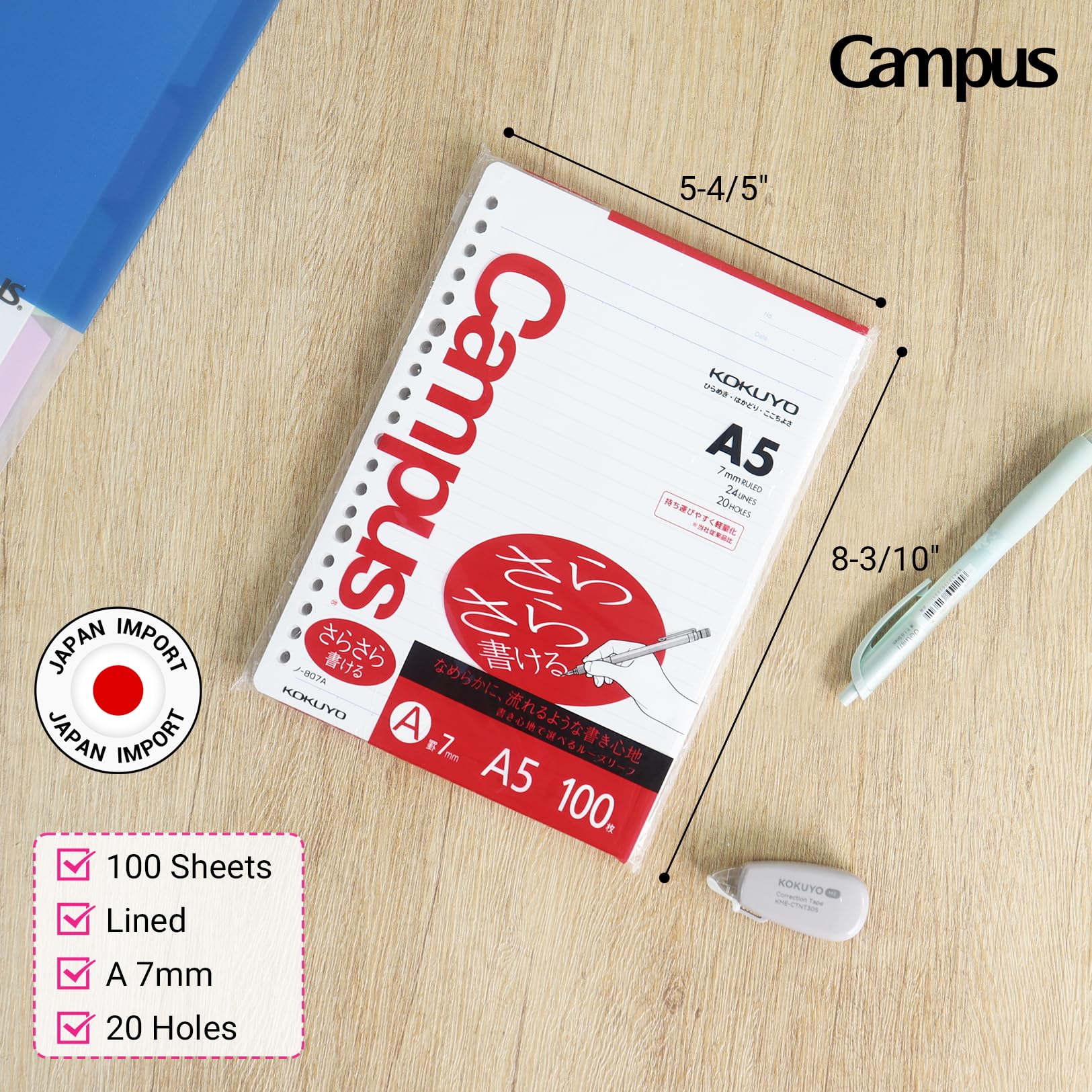 Kokuyo Campus Loose Leaf Paper, A5 Filler Paper with A 7mm Ruled, 100 Sheets 75 GSM Sarasara Smooth Writing, 20 Holes, 8-1/4"x6” Binder Notebook Bleed Resistant Paper. Japan Import (NO-807A)