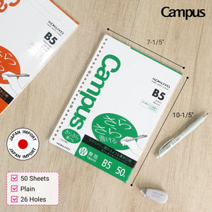 Kokuyo Campus Loose Leaf Paper, B5 Plain Filler Paper, 50 Sheets 75 GSM Sarasara Smooth Writing, 26 Holes, 10-1/4"x7-1/4” Binder Notebook Bleed Resistant Paper. Japan Import (NO-837WN)