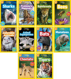 National Geographic Kids Readers, Level 2 Series, 10 Books Collection Set, Sharks, Prehistoric Mammals, Rainforests, Bees, Adorable Animals, Animal Superpowers, Bats, Manatees, Cheetahs, Tigers