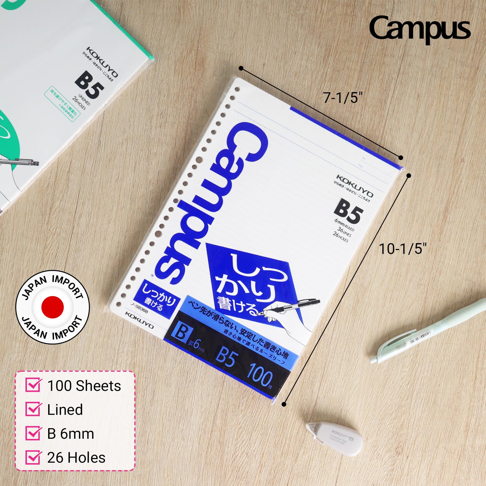 Kokuyo Campus Loose Leaf Paper for Binders, Shikkari Firm Writing, B5, B 6mm Ruled, 26 Holes, 36 Lines, 100 Sheets, pH Neutral, Bleed Resistant, 77gsm, Pack of 2, Japan Import (NO-S836B)