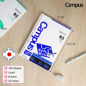 Kokuyo Campus Loose Leaf Paper for Binders, Shikkari Firm Writing, B5, B 6mm Ruled, 26 Holes, 36 Lines, 100 Sheets, pH Neutral, Bleed Resistant, 77gsm, Pack of 2, Japan Import (NO-S836B)