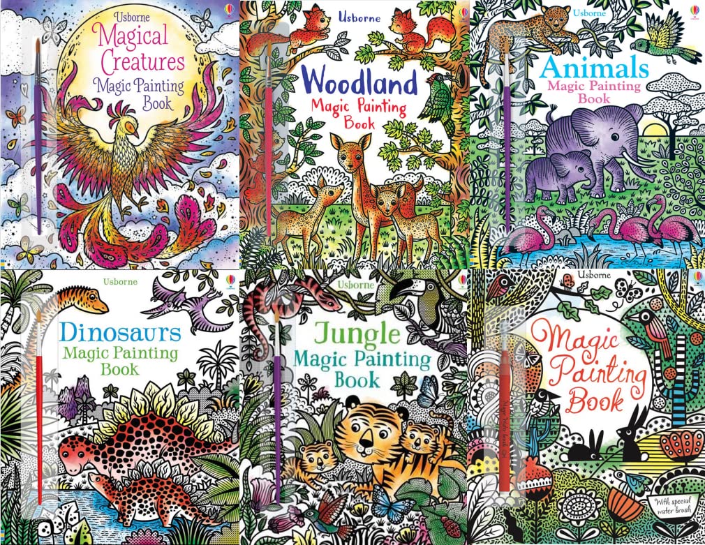 Magic Painting Book 6 Books Collection Pack Set #1 (Magical Creatures, Woodland, Animals, Dinosaurs, Jungle, Magic Painting book)