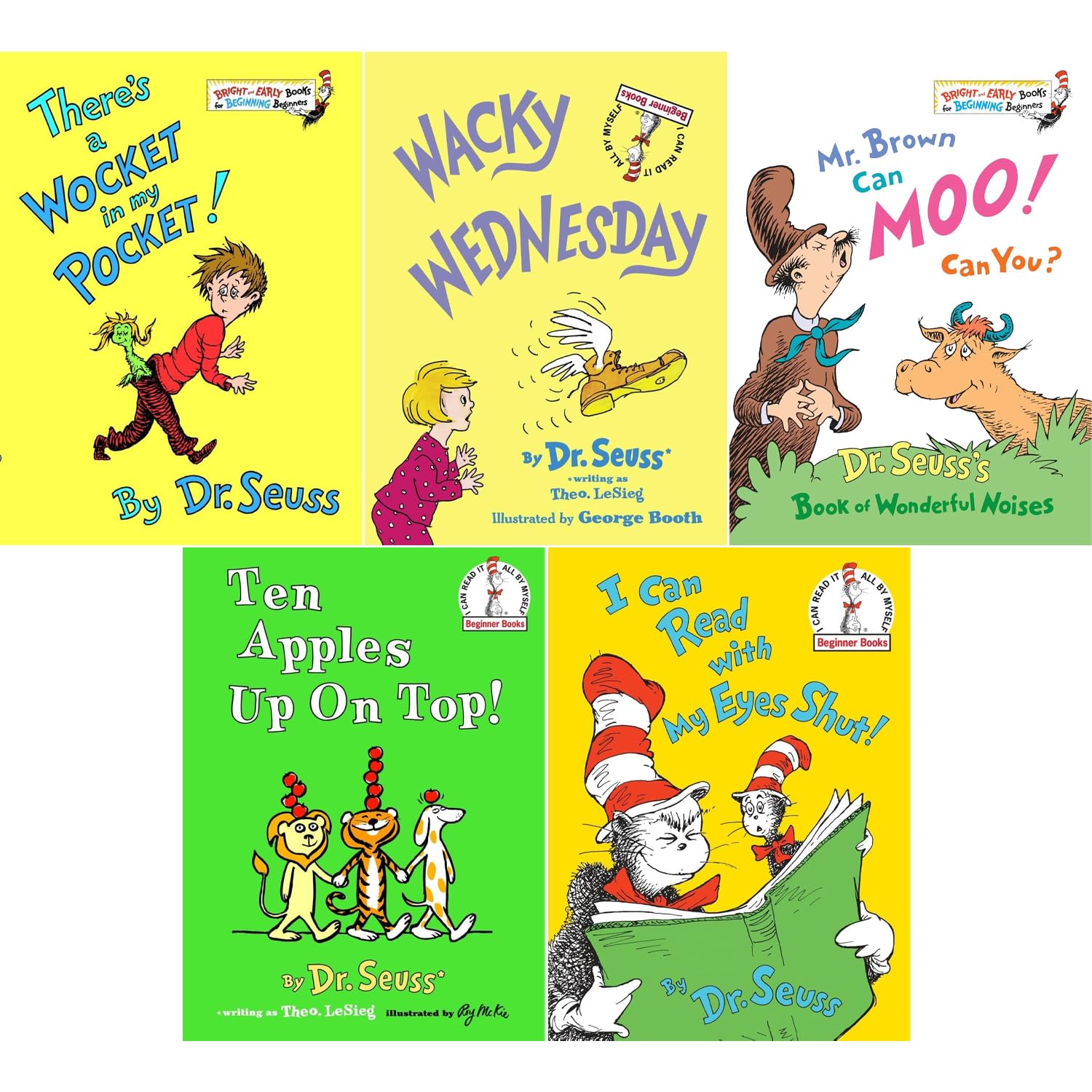 Beginner Books 5 Books Collection Set by Dr. Seuss - There's a Wocket in My Pocket! Wacky Wednesday, Mr. Brown Can Moo! Can You? Ten Apples Up on Top! I Can Read with My Eyes Shut