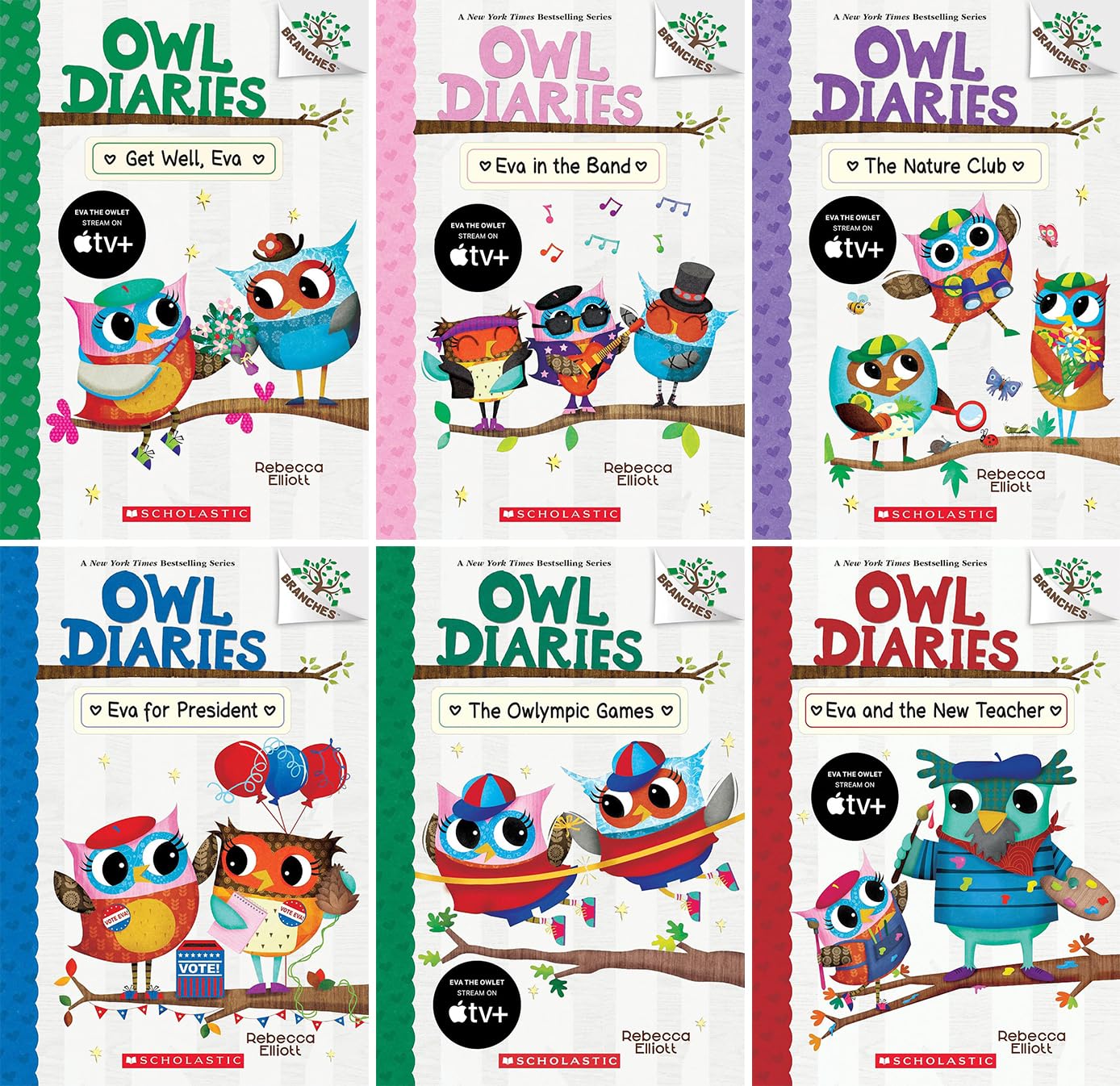 Owl Diaries Series, Collection Set of 6 Books, Vol.16-21. Get Well, Eva; Eva in the Band; The Nature Club; Eva for President; The Owlympic Games, Eva and the New Teacher, by Rebecca Elliott