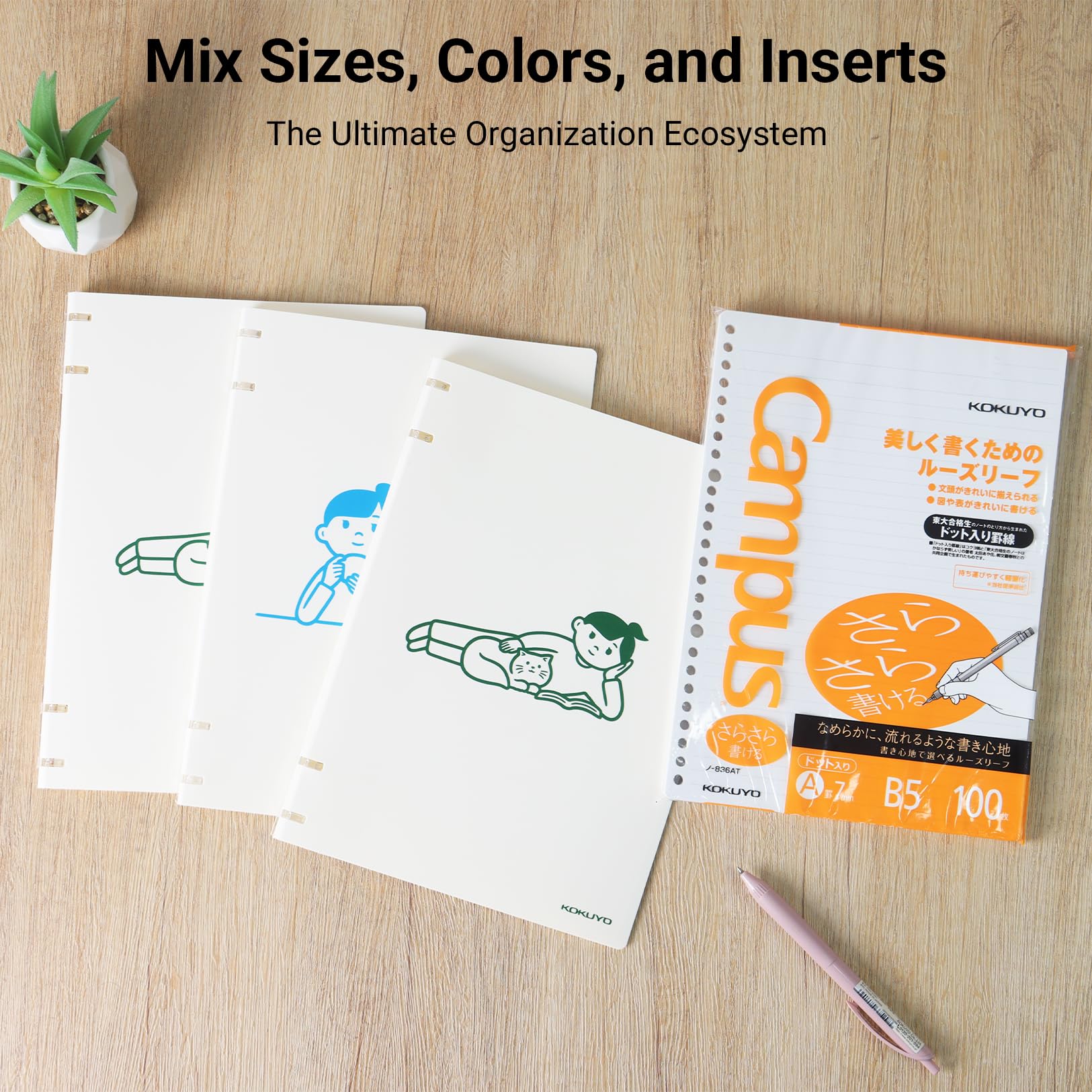 KOKUYO Good Time 2x2 Spiral Binder Notebooks, 3 Pack B5 Refillable Notebook with Extra 100 College Ruled Loose leaf Papers. Pre-Packed 10 Sheets in 8mm Ruled Each, Perfect Notebooks for School & Work