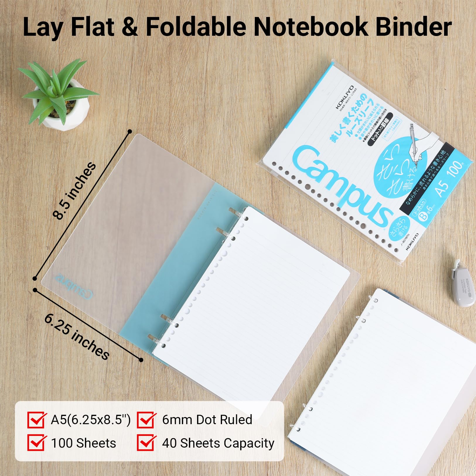 KOKUYO Campus 2x2 Spiral Binder Notebook Set, A5 Refillable Notebook + 100 Refill Papers with 6mm Dot Ruled, 40 Sheet Capacity, Light Blue, Perfect for Work, Study & Journal, Japan Import