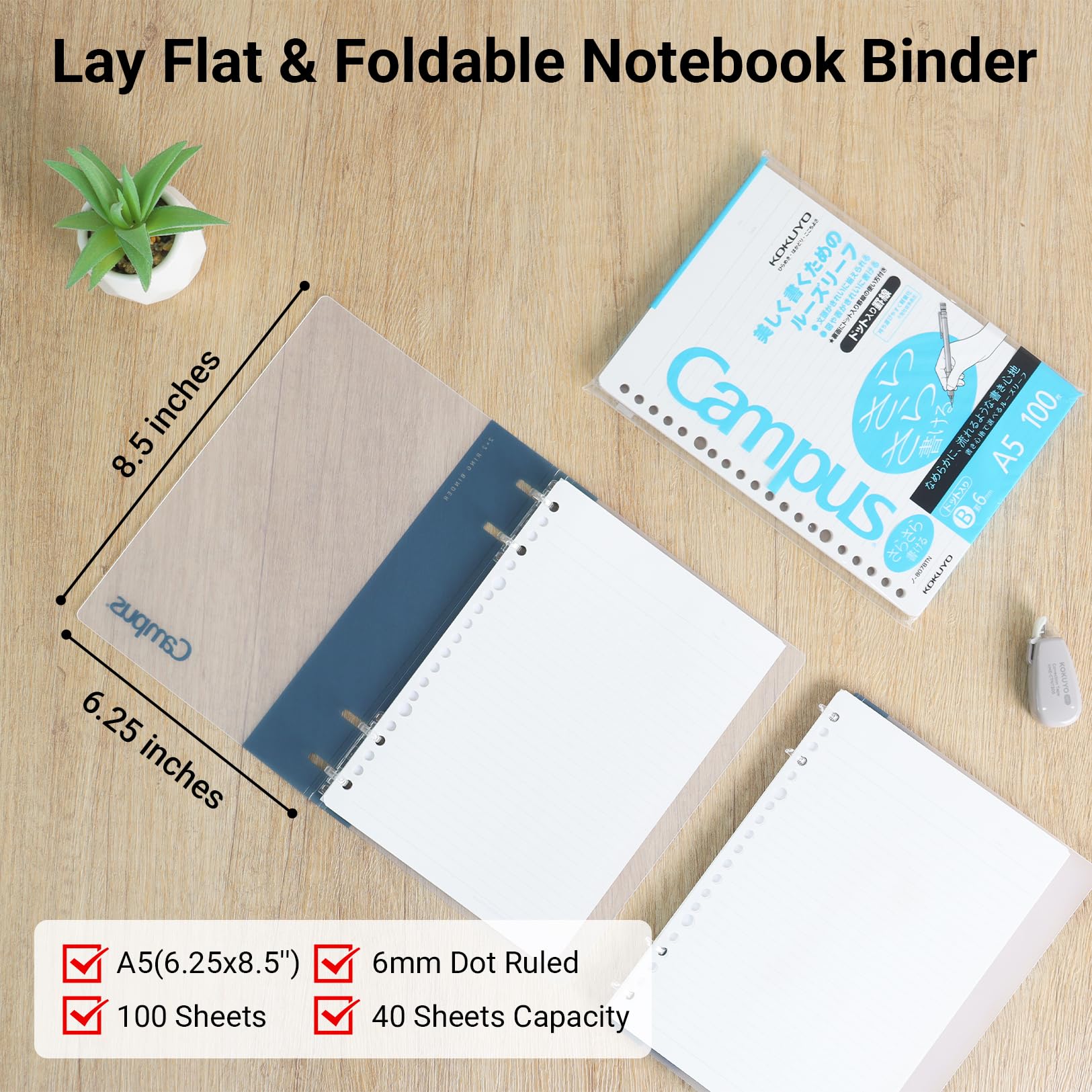 KOKUYO Campus 2x2 Spiral Binder Notebook Set, A5 Refillable Notebook + 100 Refill Papers with 6mm Dot Ruled, 40 Sheet Capacity, Navy, Perfect for Work, Study & Journal, Japan Import