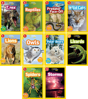 National Geographic Kids Readers Level 1 & 2 (10 Collection Book Set): T. Rex, Reptiles, Predator Face-Off, Wild Cats, Lions, Owls, Polar Bears, Lizards, Spiders, Storms Children's Science Books