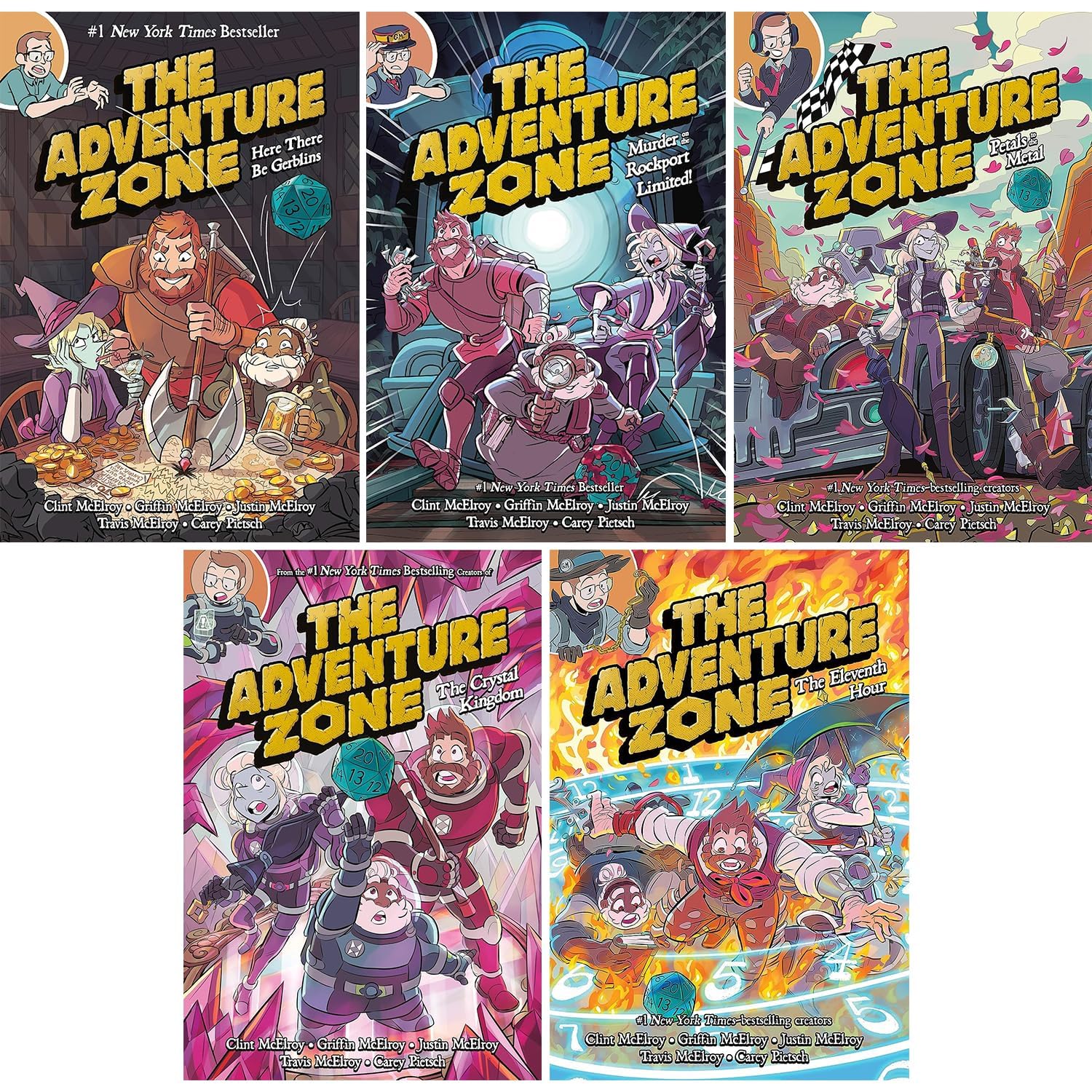 The Adventure Zone Series Set of 5 Books Vol. 1-5 By Clint McElroy. Here There Be Gerblins, Murder on the Rockport Limited!, Petals to the Metal, The Crystal Kingdom, The Eleventh Hour