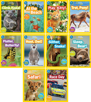 National Geographic Kids Readers Pre-Reader 10 Book Set: Climb Koala, At the Beach, Play Kitty, Trot Pony, Flutter Butterfly, Hoot Owl, Slither Snake, Sleep Bear, Safari, Race Day Early Reader Set